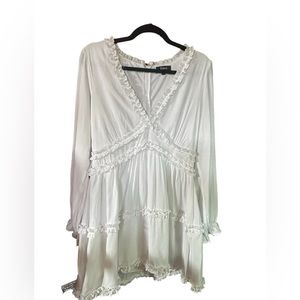 Trixi Size XL White Boho V Neck Dress, Long Sleeve, lined